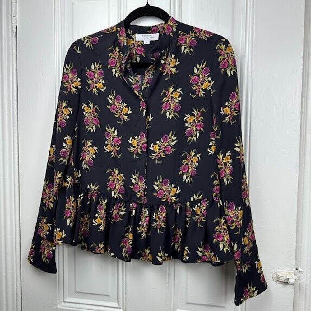 Thakoon Collective Blouse Womens 4 Black Floral Button-Up Peplum Cottage Preppy